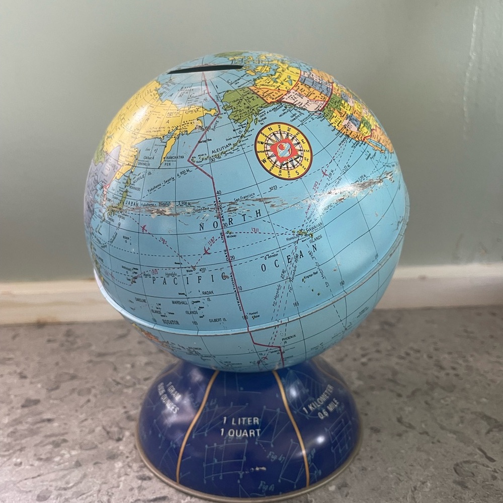 Vintage Ohio Art Tin Lithograph Globe Bank